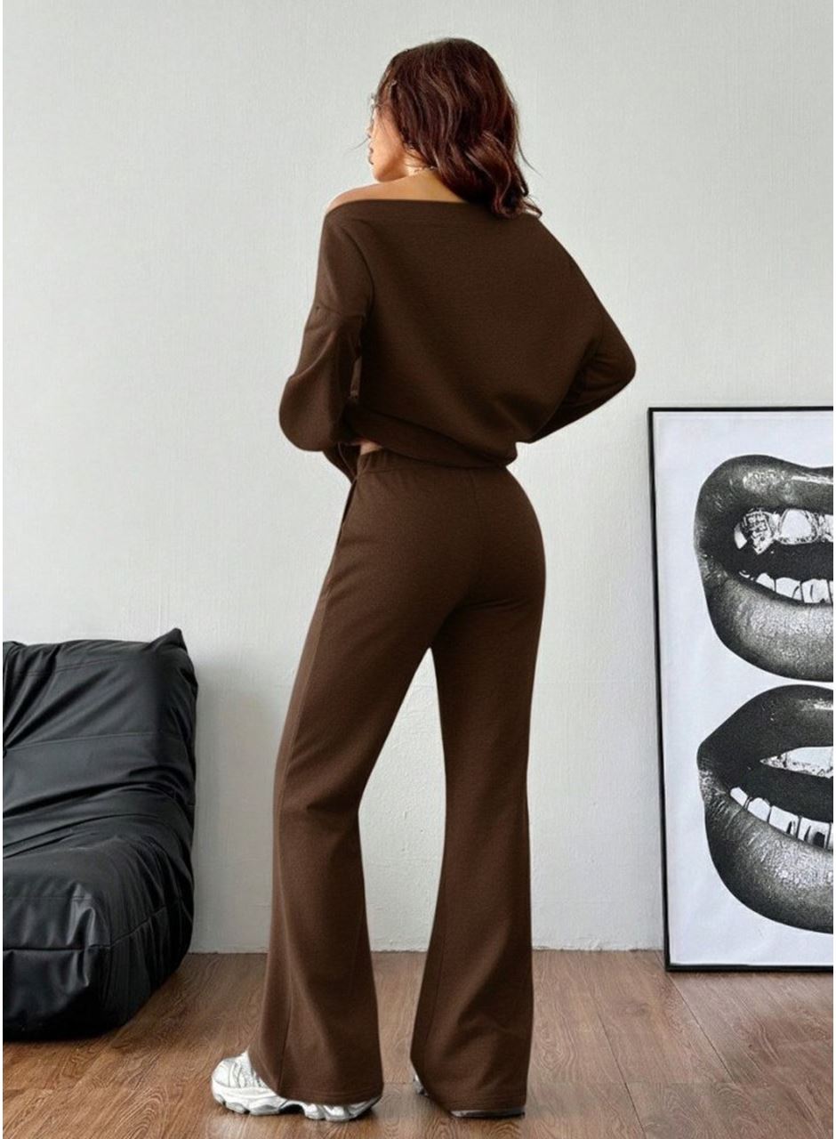 Kadın Uzun Kollu Tek Omuzdan ıkmiki Iplik Bluz Ve Pantolon Ikili Takım