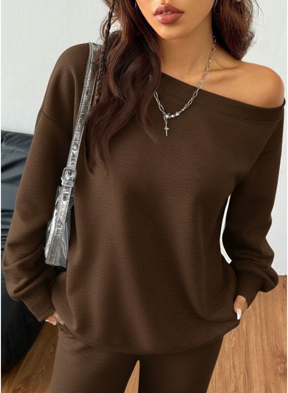 Kadın Uzun Kollu Tek Omuzdan ıkmiki Iplik Bluz Ve Pantolon Ikili Takım