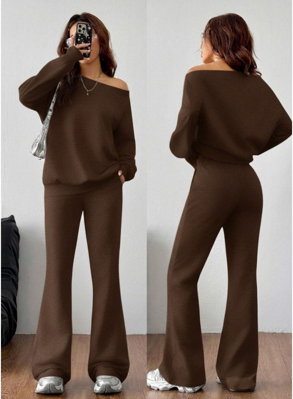 Kadın Uzun Kollu Tek Omuzdan ıkmiki Iplik Bluz Ve Pantolon Ikili Takım