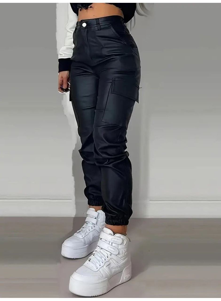 Kadın Yüksek Bel Yan Kargo Cep Detaylı Deri Pantolon