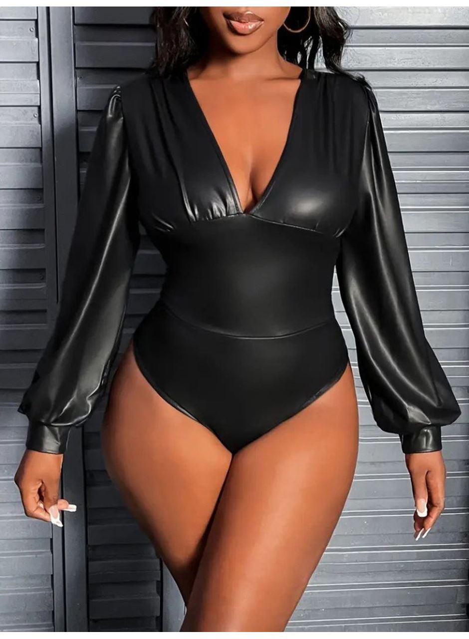 Kadın Uzun Kollu Derin V Yakalı Deri Zıbın