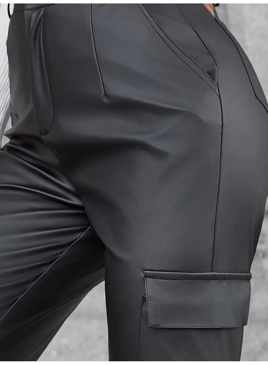 Kadın Yüksek Bel Yan Kargo Cep Detaylı Deri Pantolon