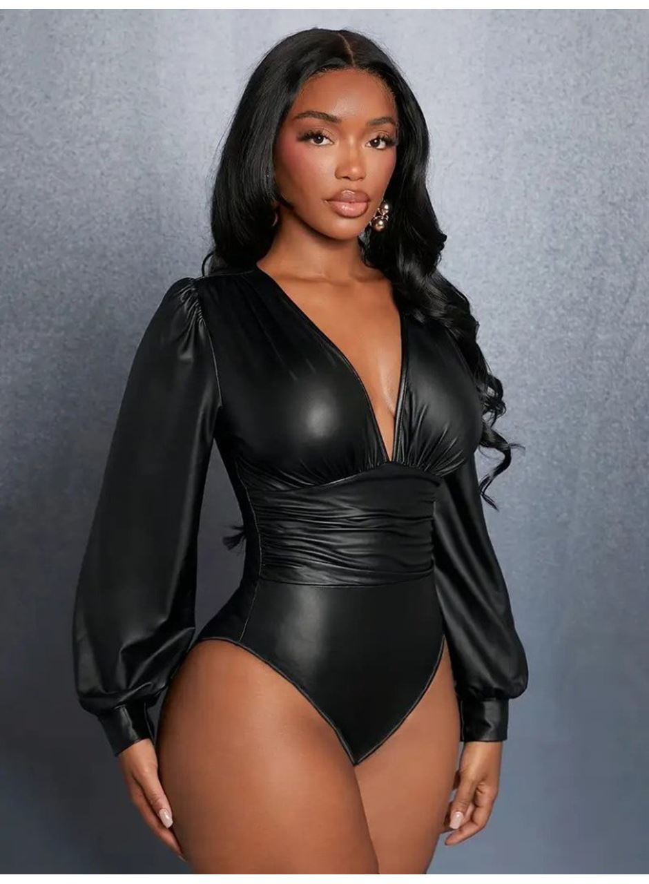 Kadın Uzun Kollu Derin V Yakalı Deri Zıbın