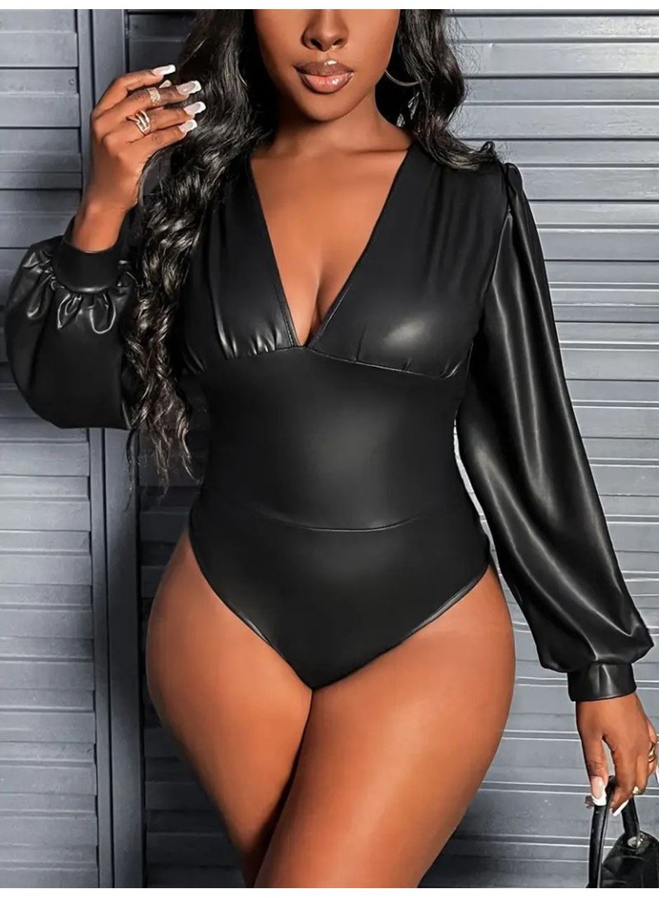 Kadın Uzun Kollu Derin V Yakalı Deri Zıbın