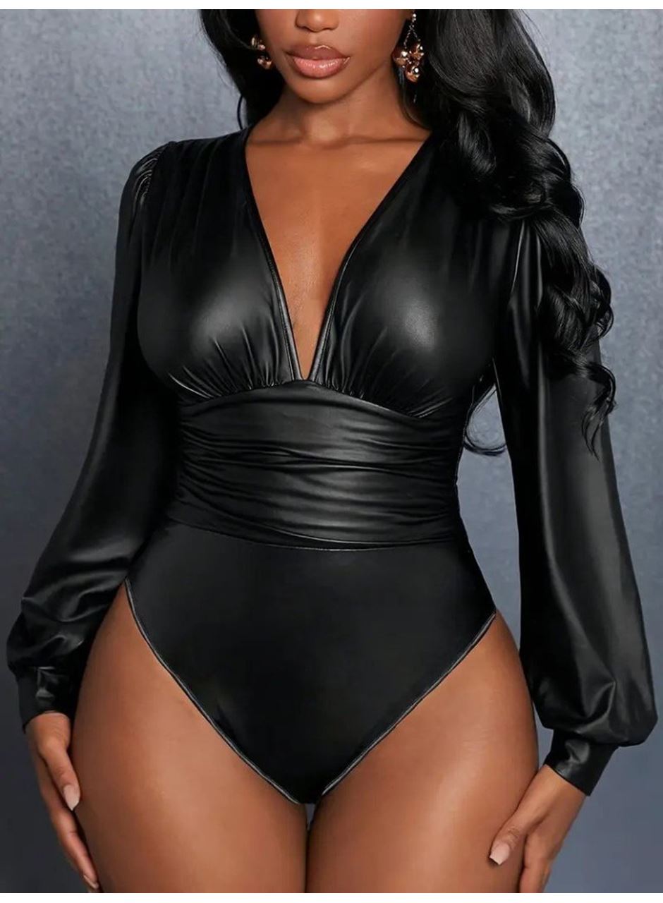 Kadın Uzun Kollu Derin V Yakalı Deri Zıbın