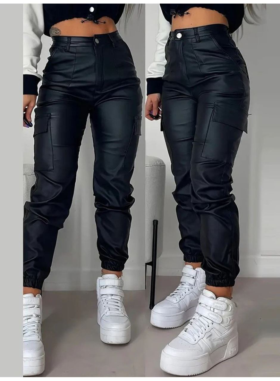 Kadın Yüksek Bel Yan Kargo Cep Detaylı Deri Pantolon
