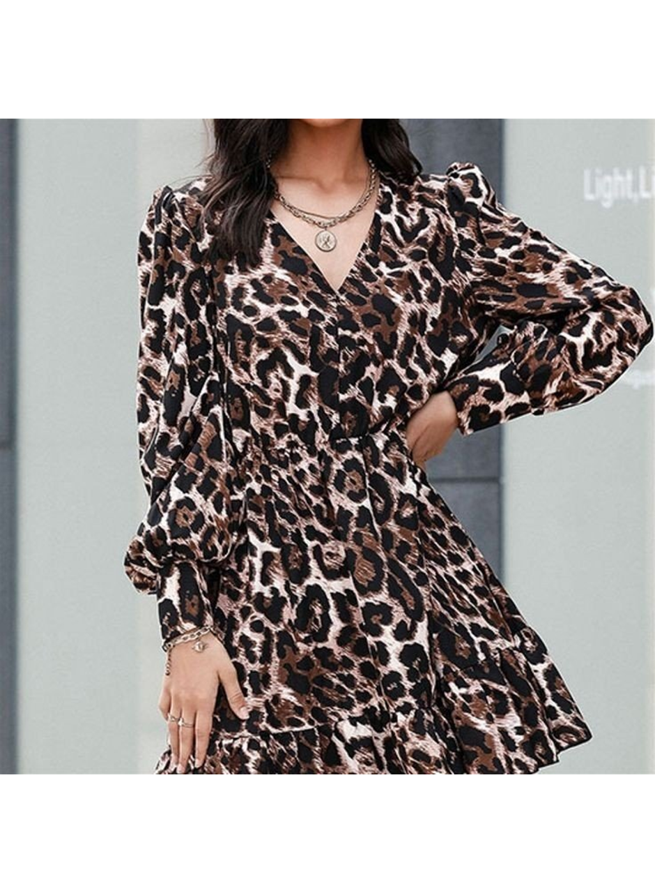 Kadın Uzun Kollu Beli Lastikli Etek Ucu Volanlı Leopar Desen Krep Elbise
