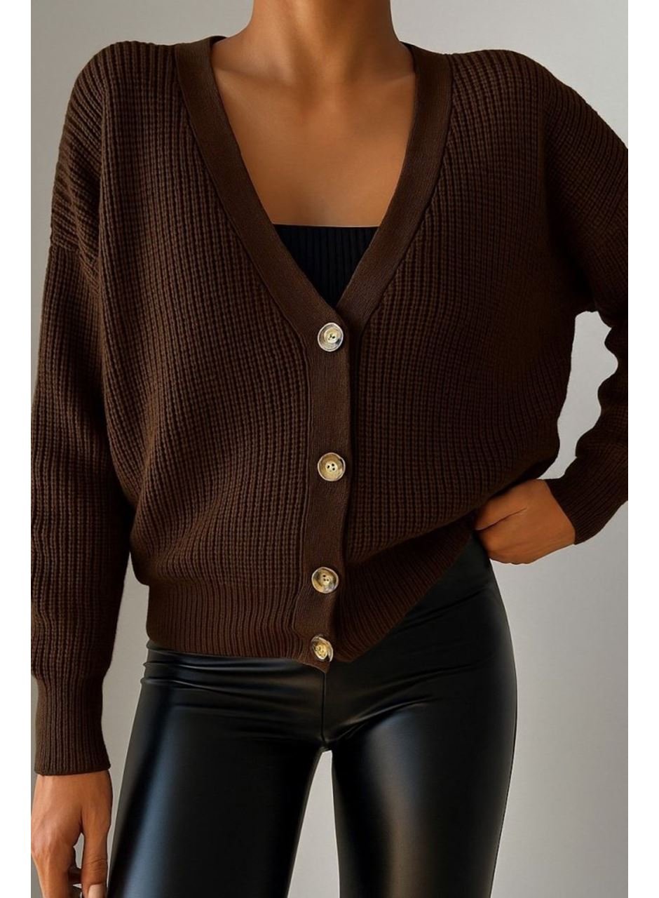 Kadın Uzun Kollu Düğme Detay Triko Hırka