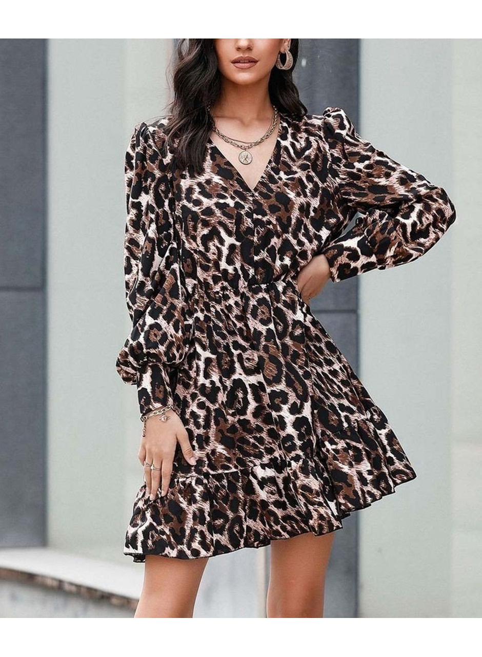 Kadın Uzun Kollu Beli Lastikli Etek Ucu Volanlı Leopar Desen Krep Elbise