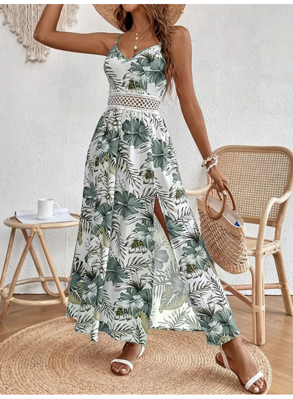 Kadın Ip Askılı V Yakalı Bel Güpür çiçek Desenli Yandan Yırtmaçlı Maksi Süprem Elbise