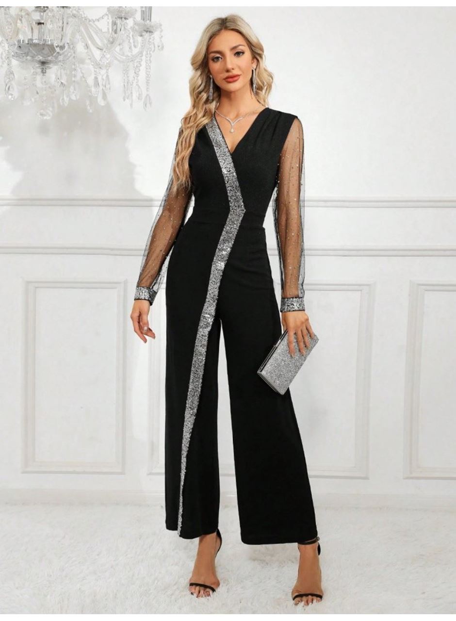 Kadın Uzun V Yakalı önden Pulpayet Detaylı Tüllü Uzun Ithal Krep Tulum