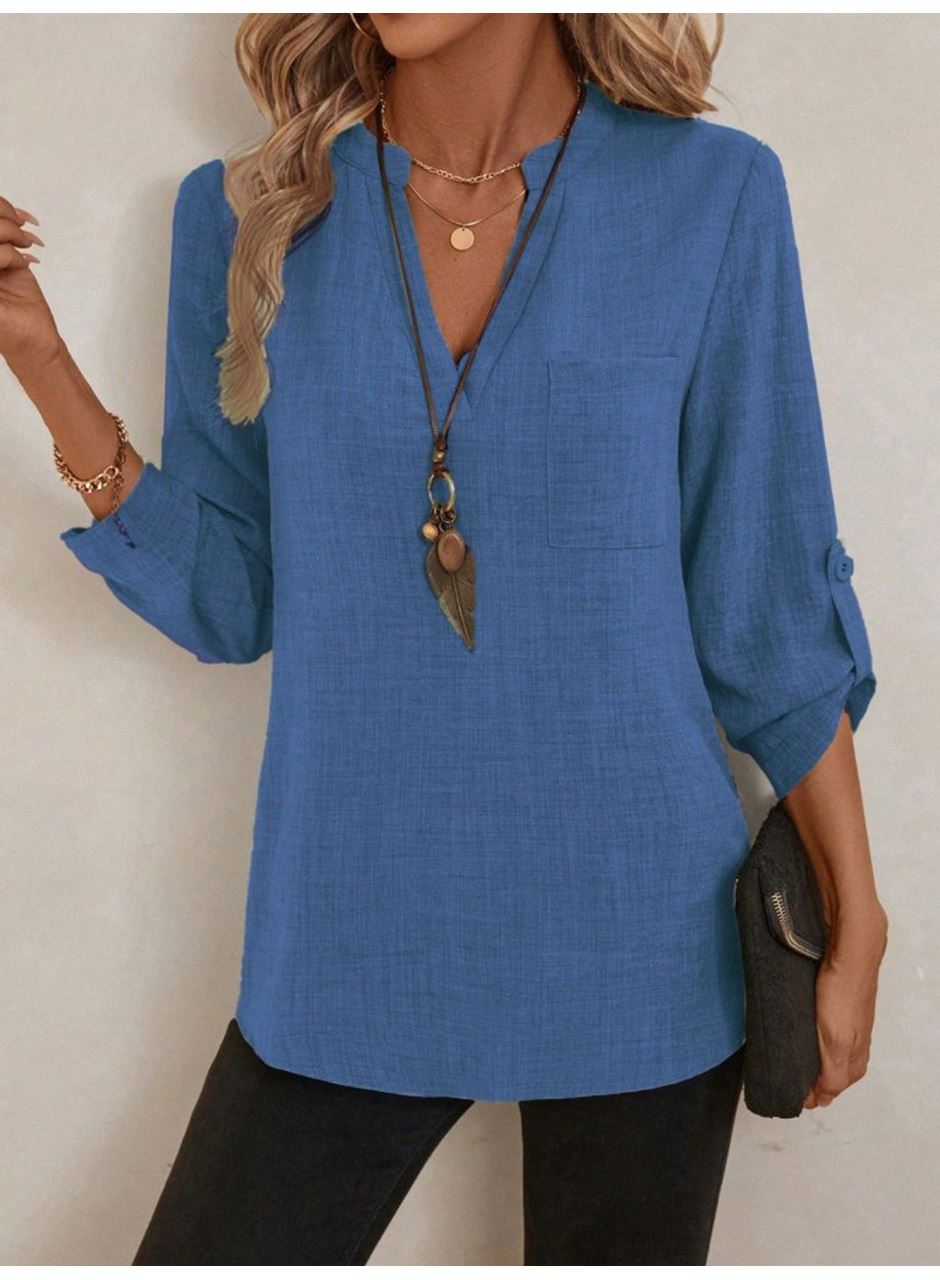 Kadın Truvakar Kol V Yakalı Keten Bluz