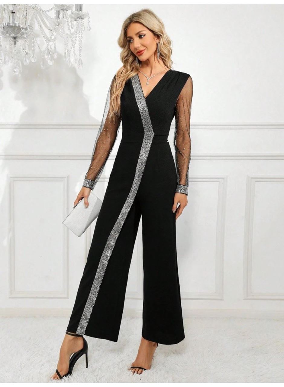 Kadın Uzun V Yakalı önden Pulpayet Detaylı Tüllü Uzun Ithal Krep Tulum