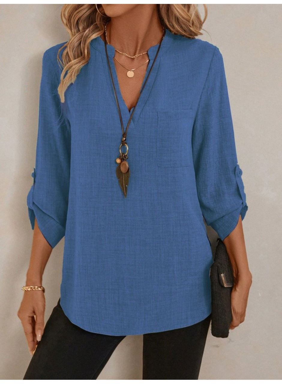 Kadın Truvakar Kol V Yakalı Keten Bluz