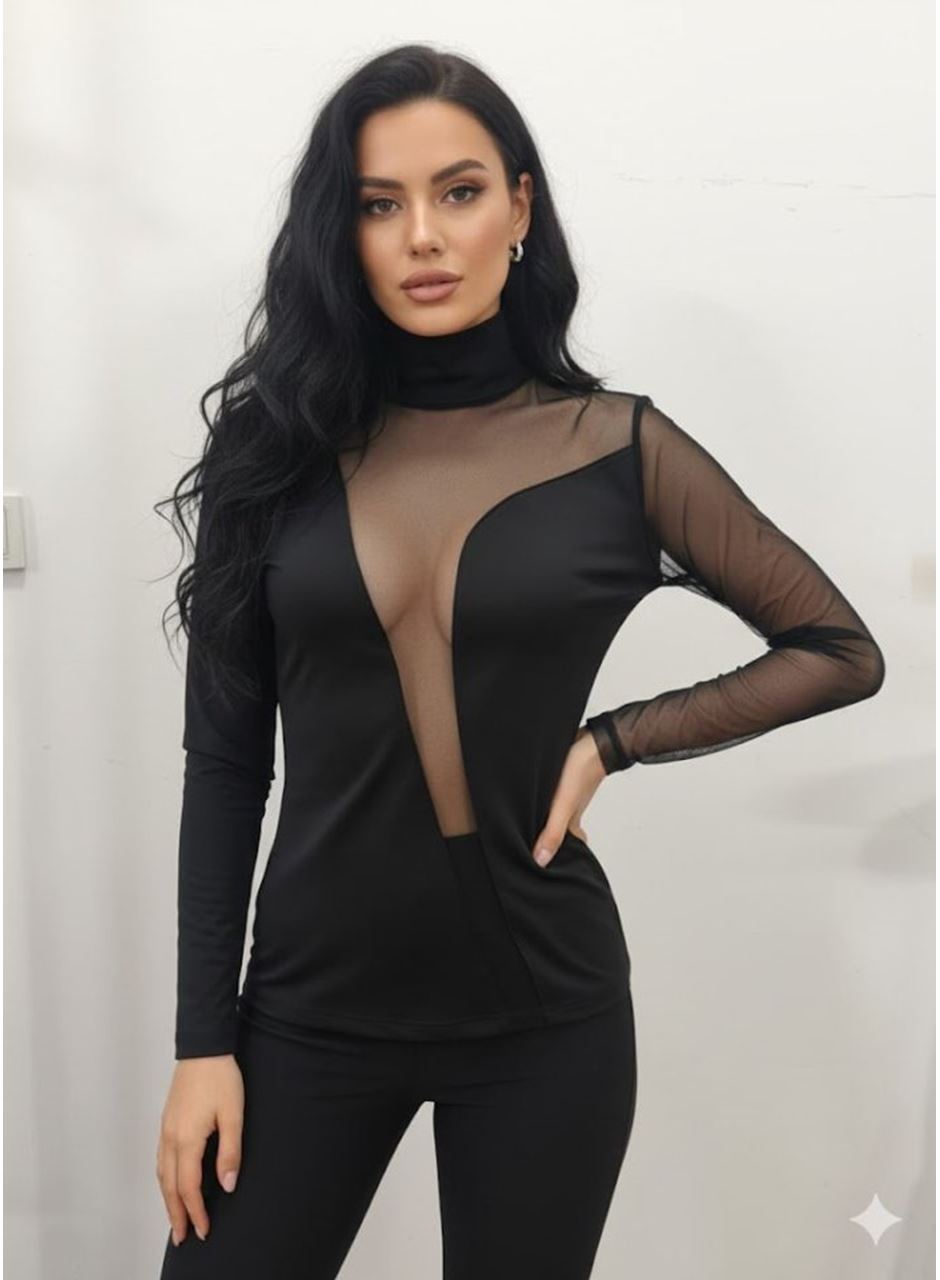 Kadın Uzun Kollu Balıkçı Yaka önü Asimetrik Transparan Detay Bluz