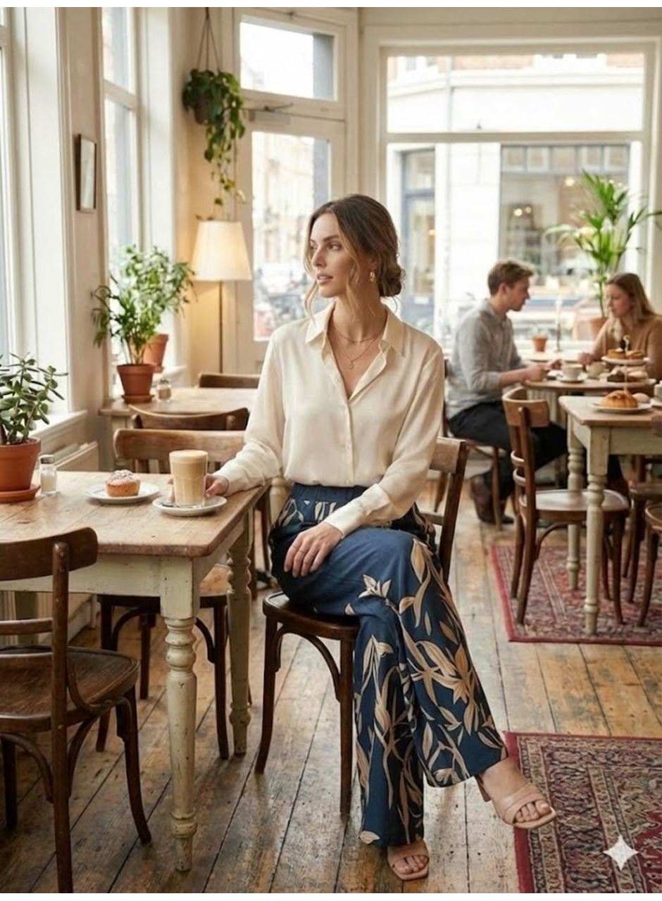 Kadın Yüksek Bel Yaprak Desenli Salaş Pantolon