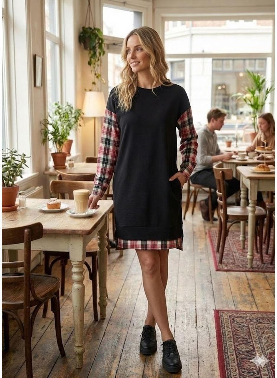 Kadın Bisiklet Yaka Kolları Ve Arkası Ekoseli Diz üstü Elbise