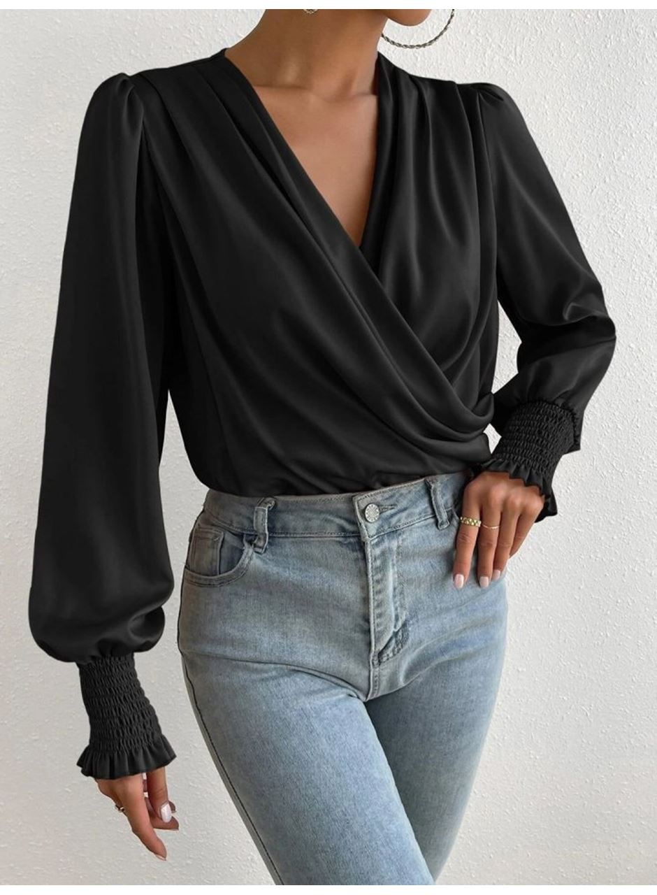 Kadın Uzun Kollu Dökümlü Kruvaze Yaka Kol Ucu Gipeli Sandy Bluz