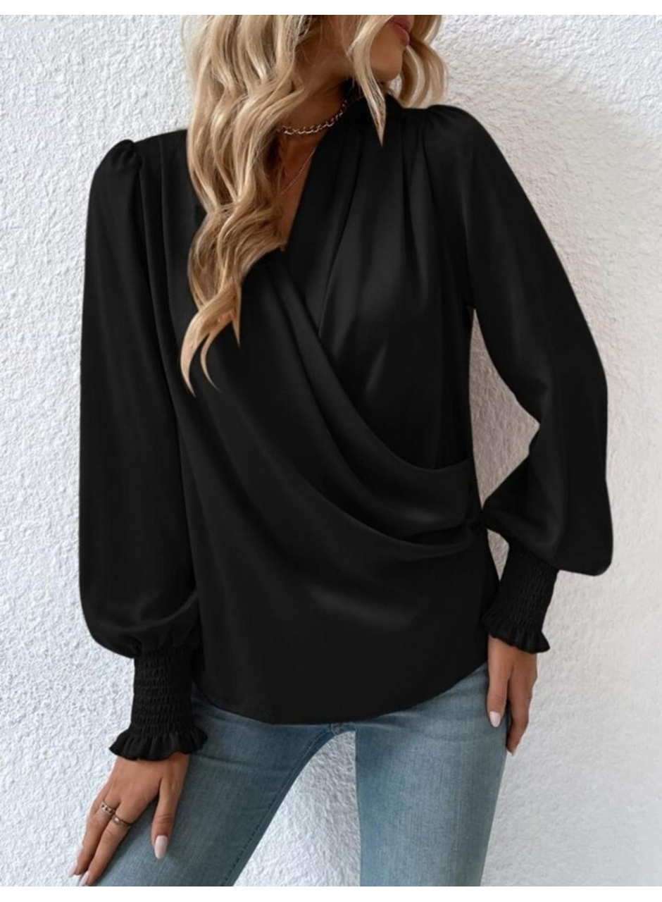 Kadın Uzun Kollu Dökümlü Kruvaze Yaka Kol Ucu Gipeli Sandy Bluz