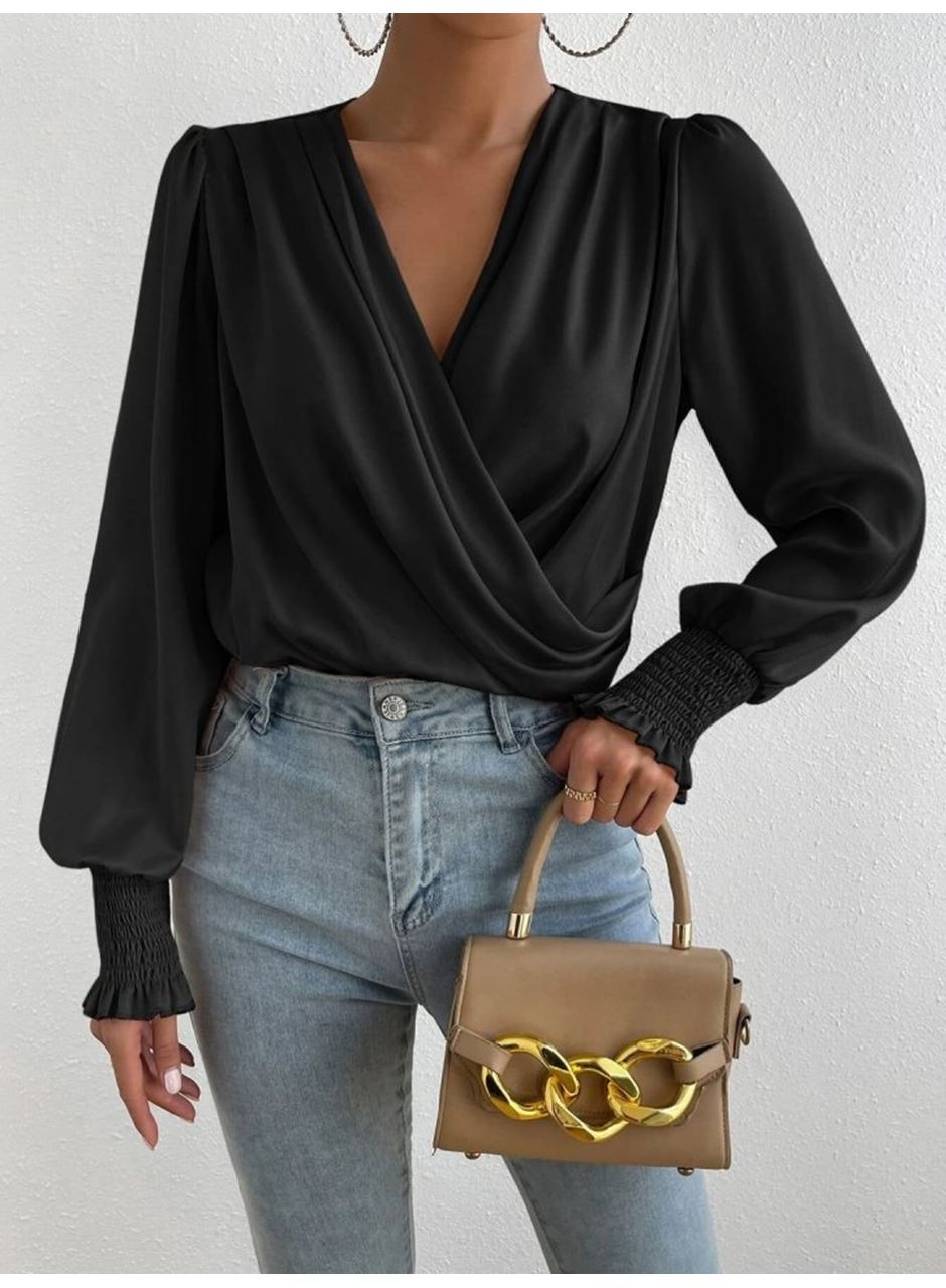 Kadın Uzun Kollu Dökümlü Kruvaze Yaka Kol Ucu Gipeli Sandy Bluz