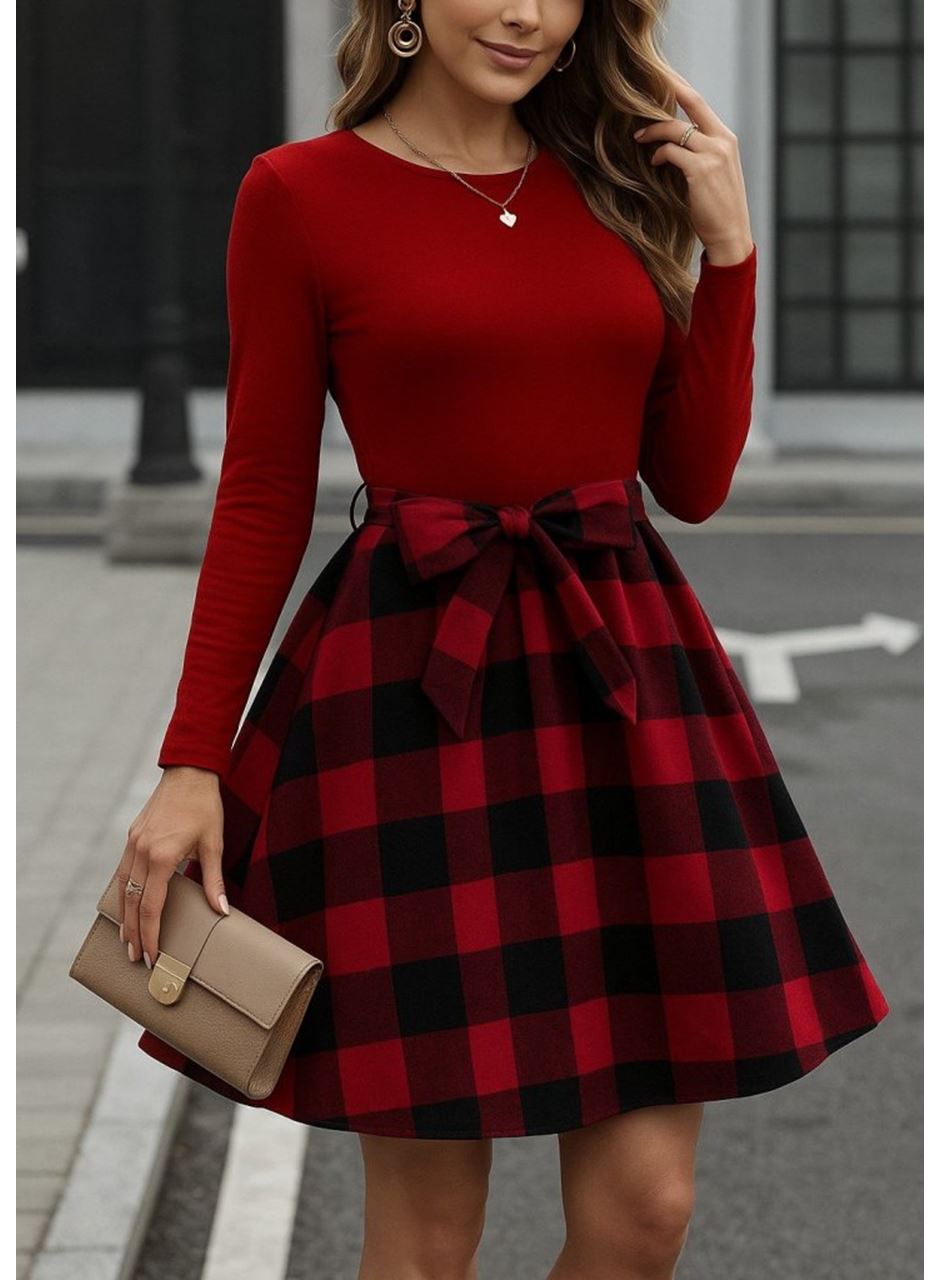 Kadın Uzun Kollu Bisiklet Yaka üst Viskon Alt Ekose Kısa Elbise