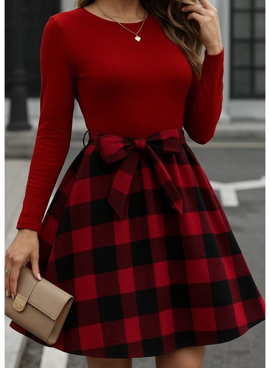 Kadın Uzun Kollu Bisiklet Yaka üst Viskon Alt Ekose Kısa Elbise