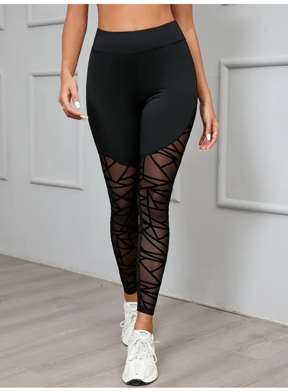 Kadın Yüksek Bel Geometrik Desen File Detaylı Dalgıç Tayt