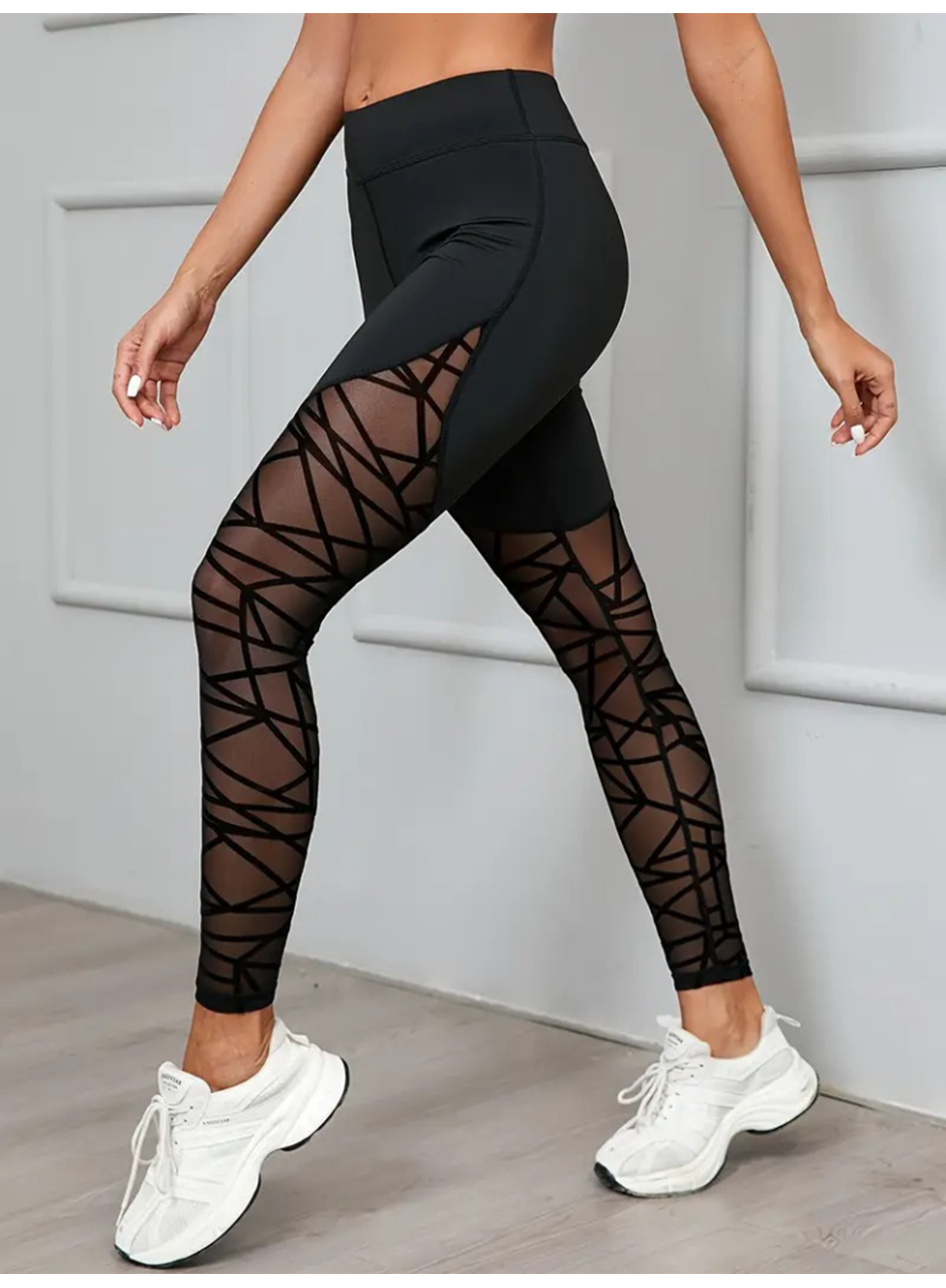 Kadın Yüksek Bel Geometrik Desen File Detaylı Dalgıç Tayt