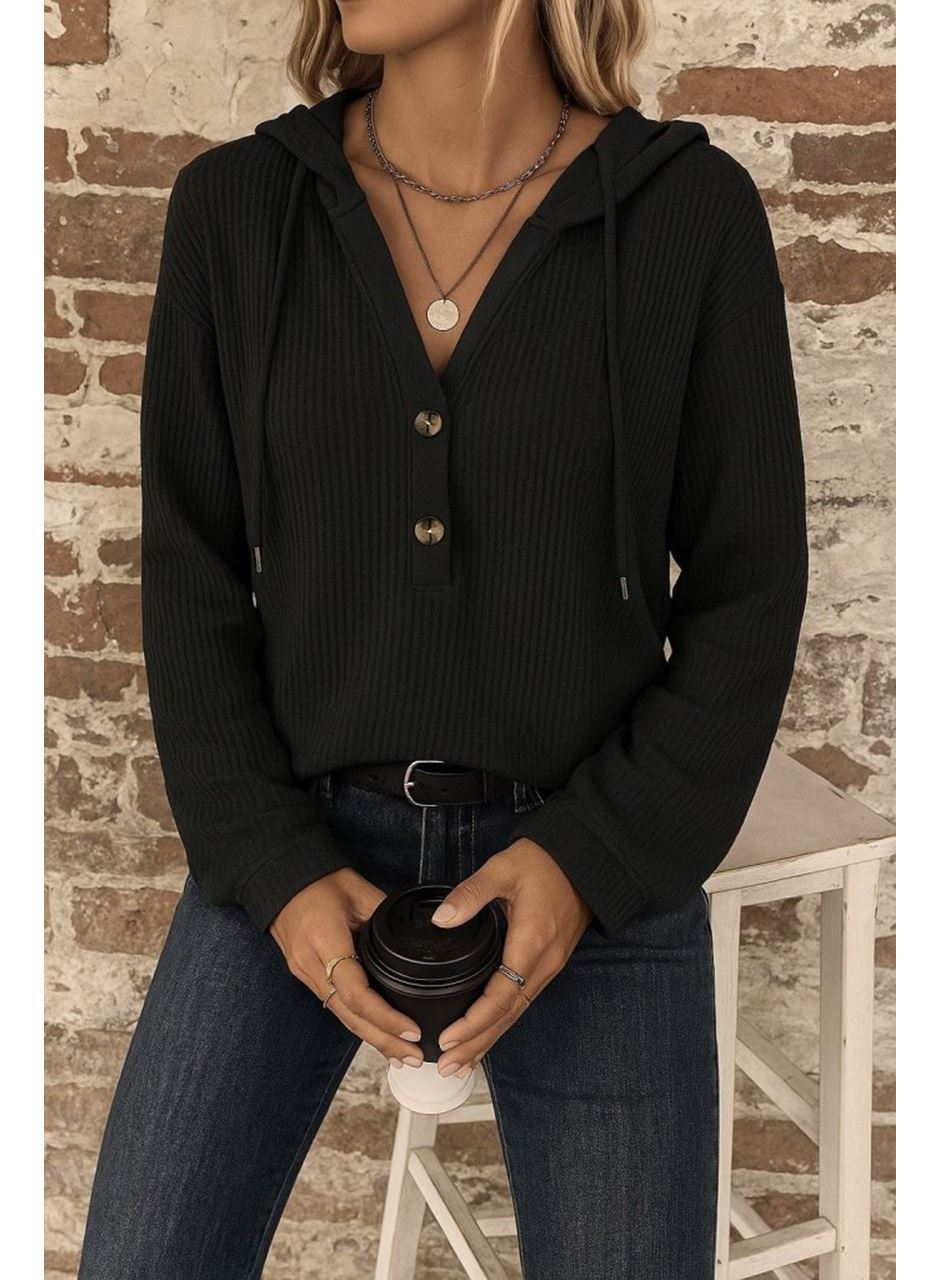 Kadın Uzun Kollu Kapşonlu önü Düğmeli Ve Bağcıklı Waffle Bluz