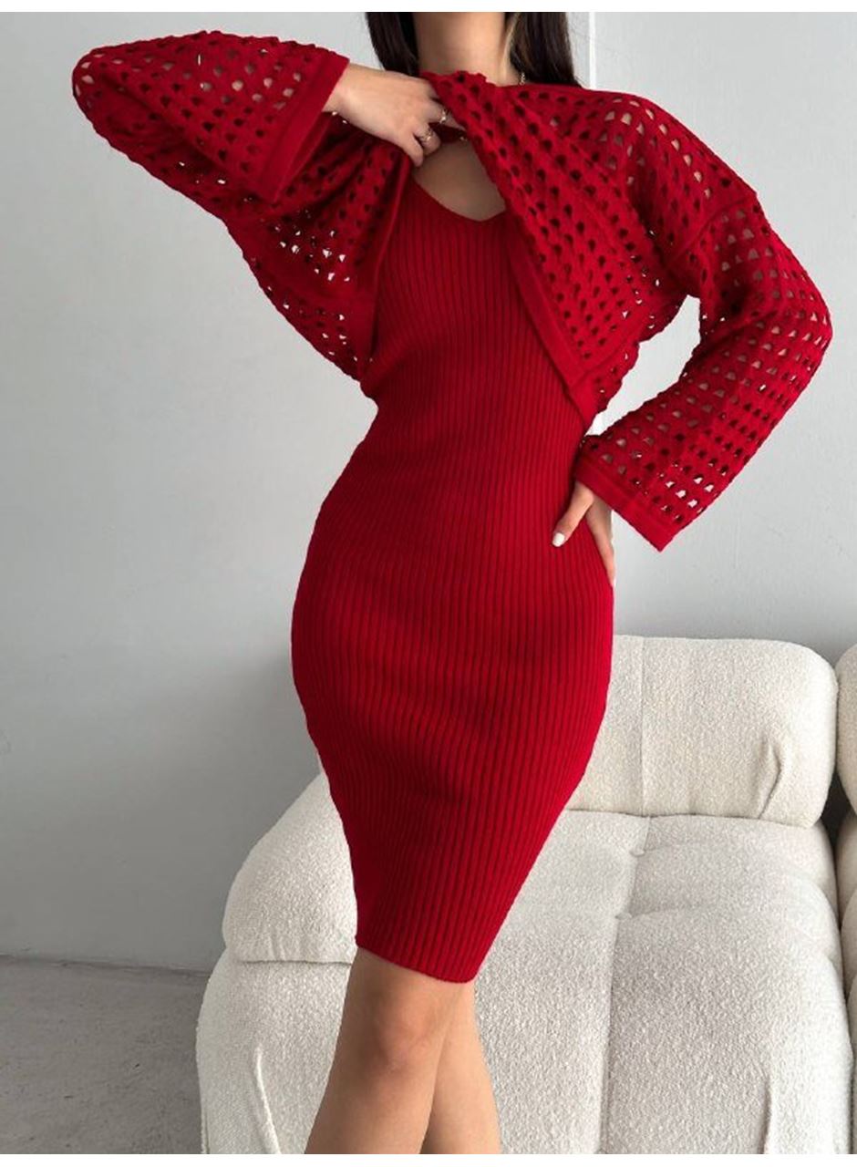 Kadın Delikli Kazak Askılı Elbise Triko Kumaş Ikili Takım