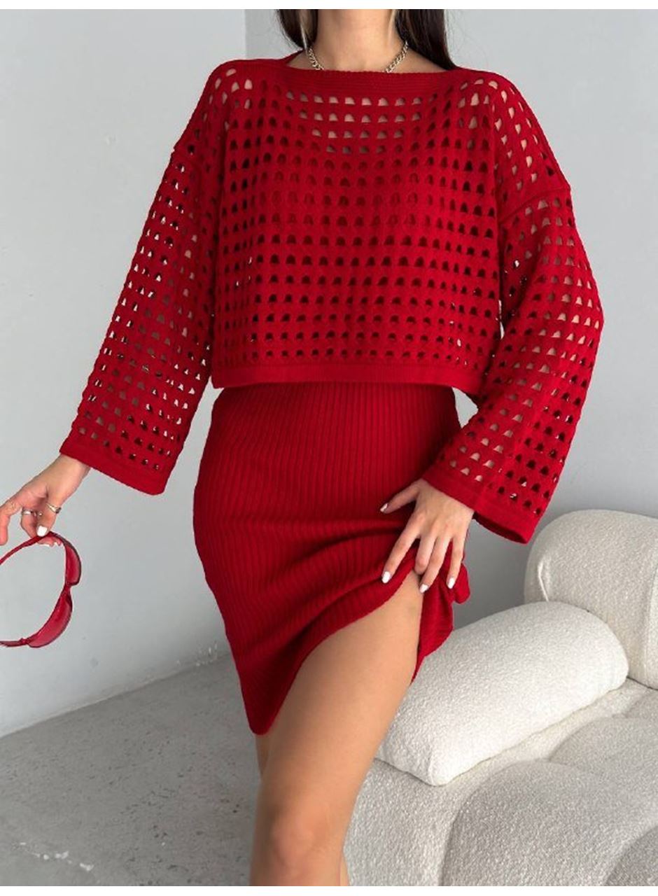 Kadın Delikli Kazak Askılı Elbise Triko Kumaş Ikili Takım