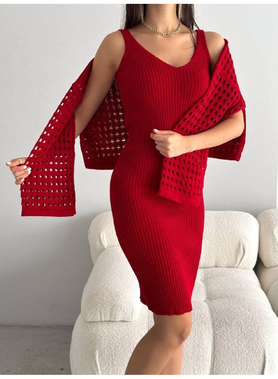 Kadın Delikli Kazak Askılı Elbise Triko Kumaş Ikili Takım