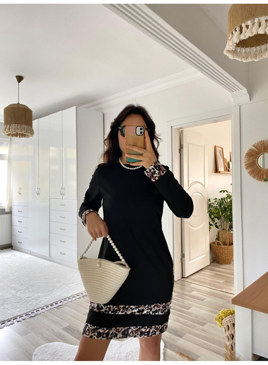 Kadın Uzun Kollu Bisiklet Yaka şerit Leopar Desenli Kısa Dalgıç Elbise