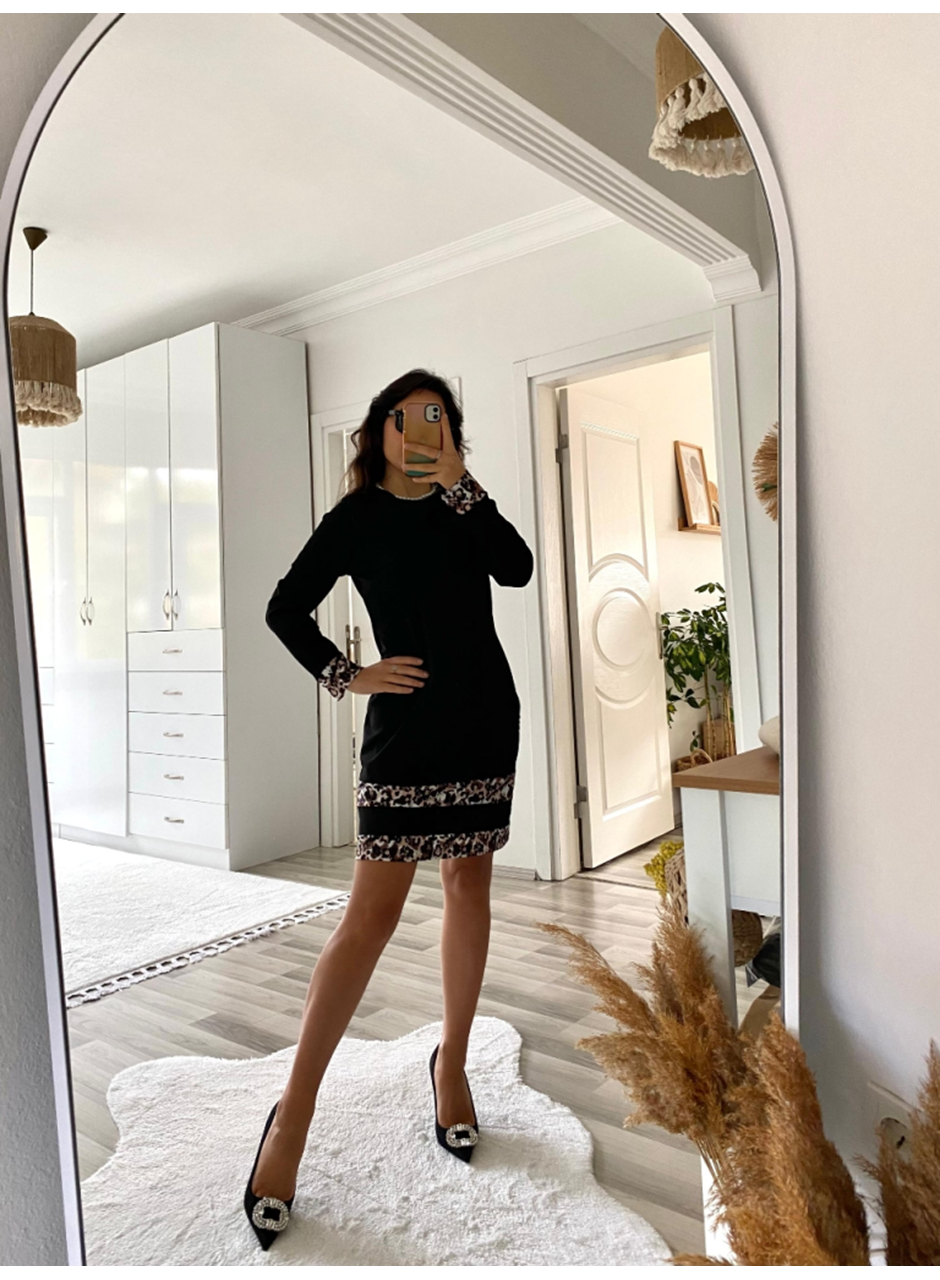 Kadın Uzun Kollu Bisiklet Yaka şerit Leopar Desenli Kısa Dalgıç Elbise