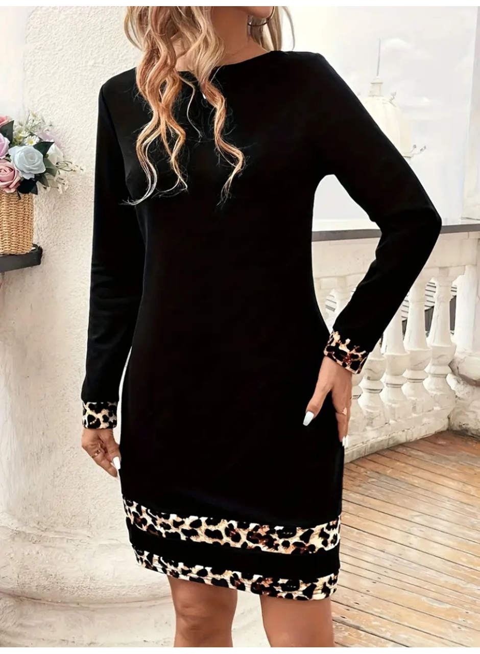 Kadın Uzun Kollu Bisiklet Yaka şerit Leopar Desenli Kısa Dalgıç Elbise