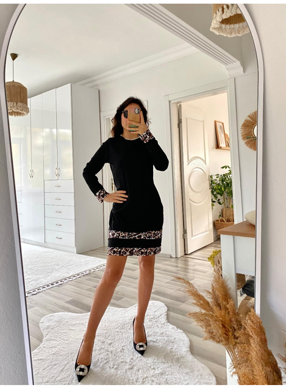 Kadın Uzun Kollu Bisiklet Yaka şerit Leopar Desenli Kısa Dalgıç Elbise