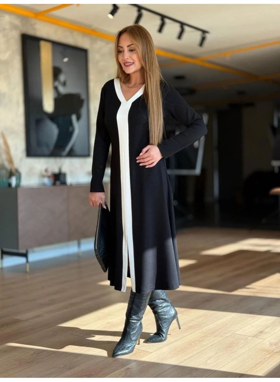 Kadın Uzun Kollu V şerit Yakalı önden Kısa Yırtmaçlı Detaylı Midi Viskon Iki Iplik Elbise