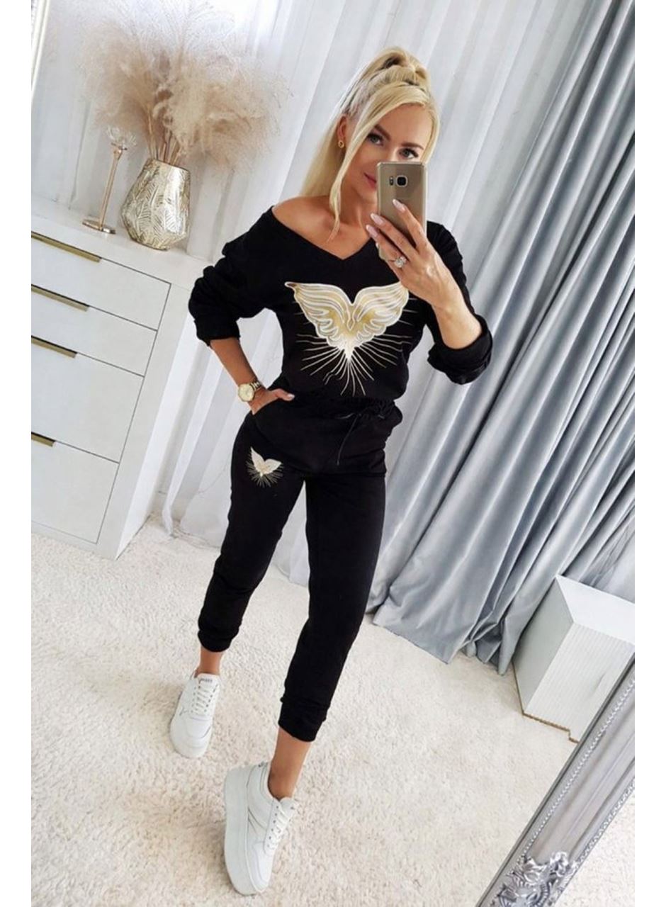 Kadın Uzun Kollu V Yakalı Desenli Viskon Iki Iplik Bluz Ve Pantolon Ikili Takım