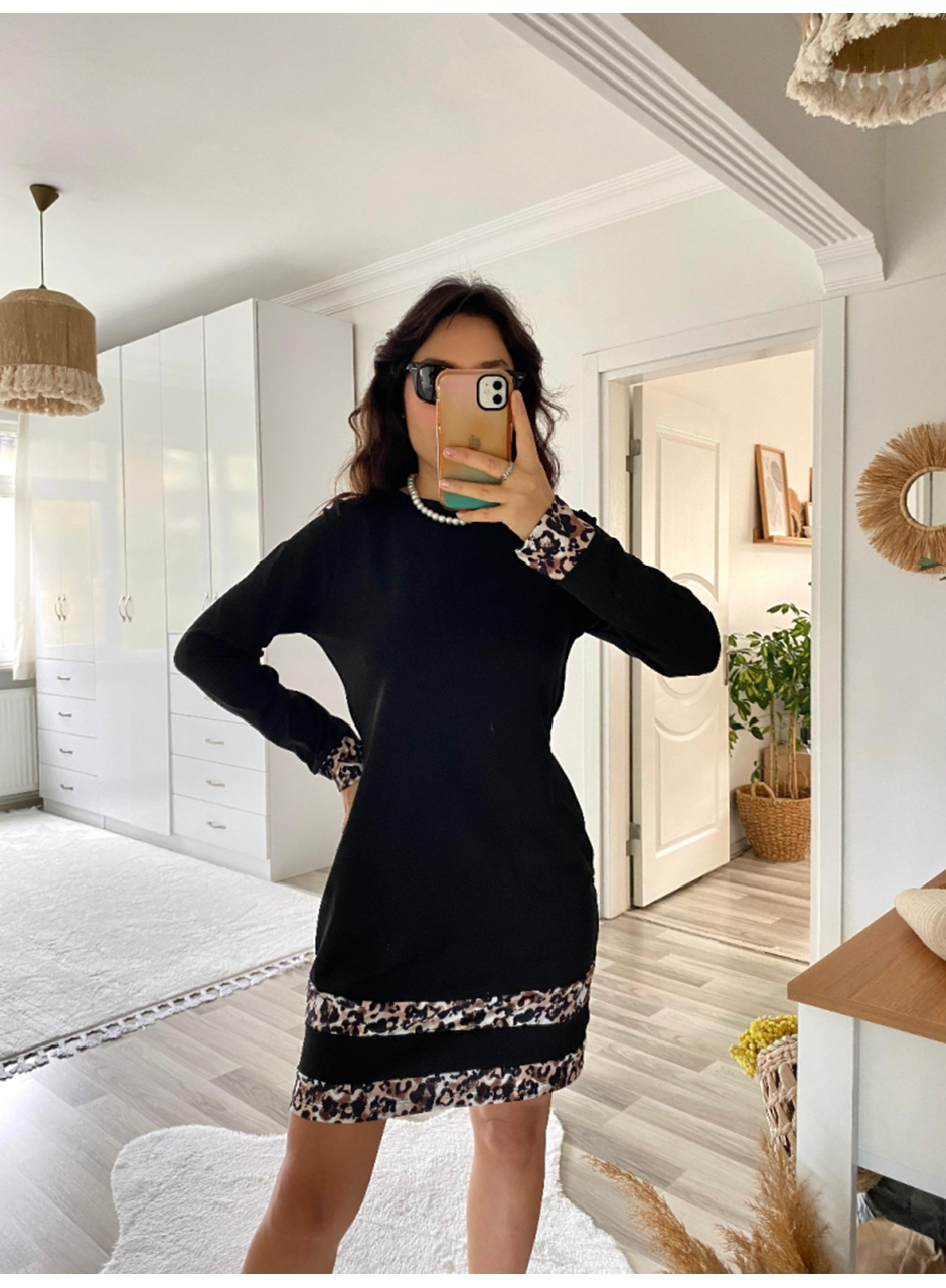 Kadın Uzun Kollu Bisiklet Yaka şerit Leopar Desenli Kısa Dalgıç Elbise
