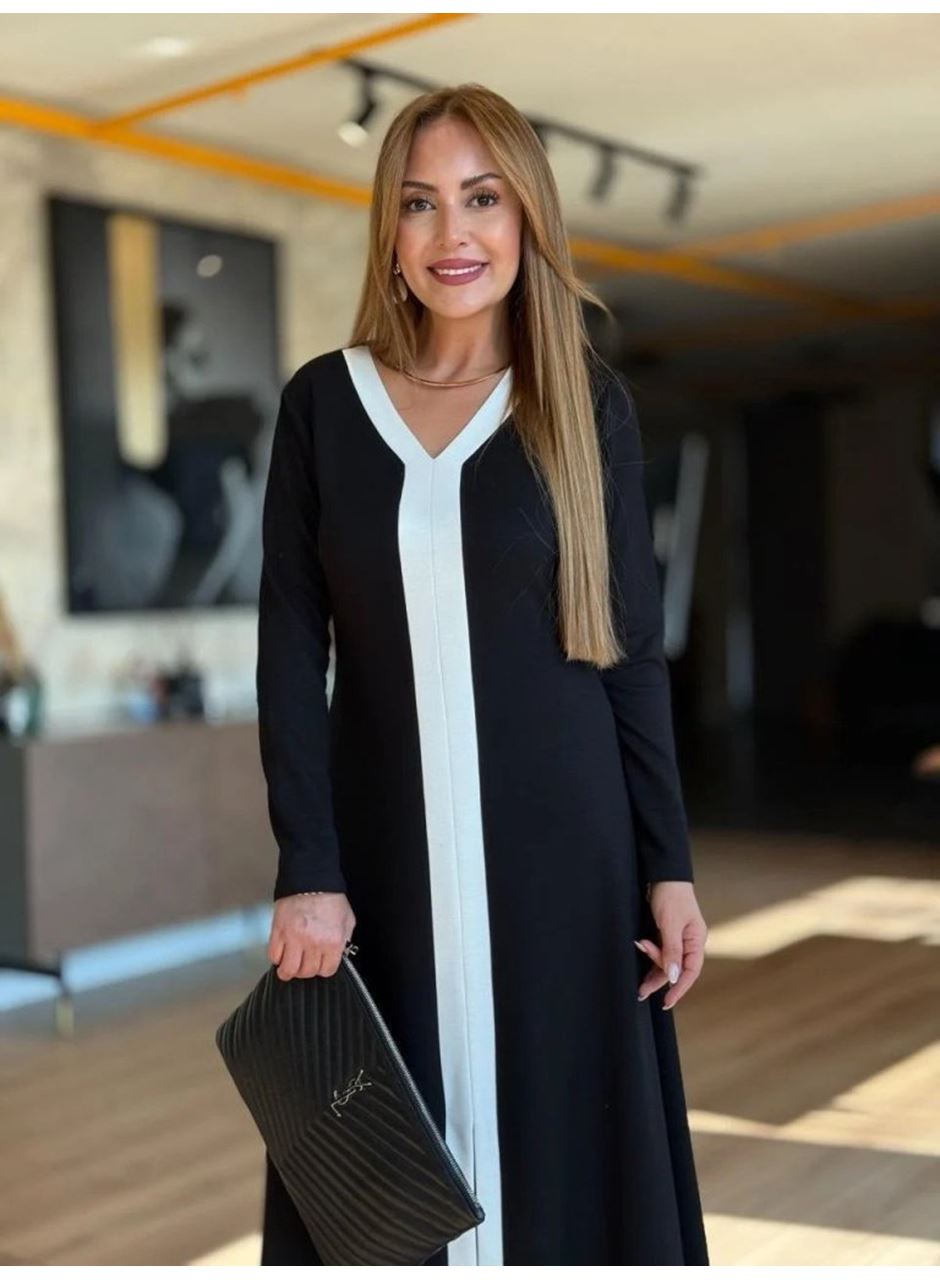 Kadın Uzun Kollu V şerit Yakalı önden Kısa Yırtmaçlı Detaylı Midi Viskon Iki Iplik Elbise