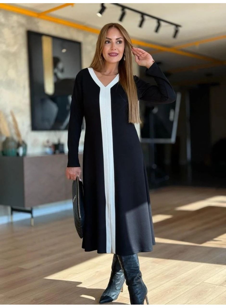 Kadın Uzun Kollu V şerit Yakalı önden Kısa Yırtmaçlı Detaylı Midi Viskon Iki Iplik Elbise