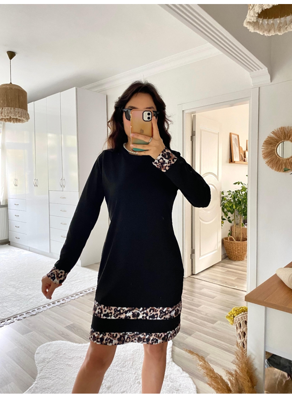 Kadın Uzun Kollu Bisiklet Yaka şerit Leopar Desenli Kısa Dalgıç Elbise