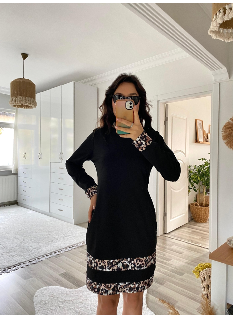 Kadın Uzun Kollu Bisiklet Yaka şerit Leopar Desenli Kısa Dalgıç Elbise