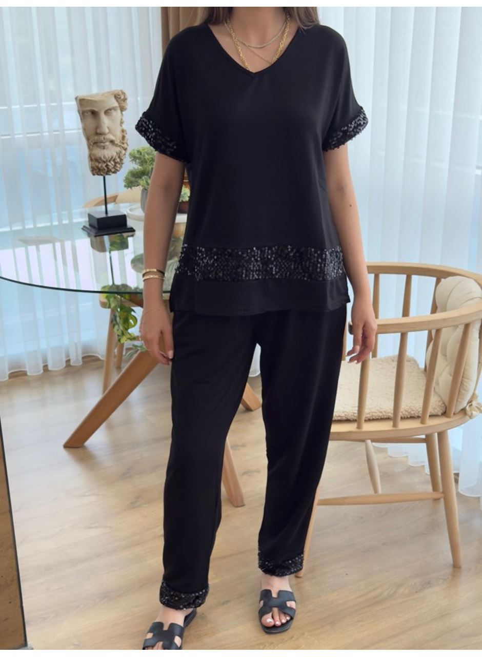 Kadın Kısa Kollu V Yakalı Pul Payetli Viskon Iki Iplik Bluz Ve Pantolon Ikili Takım