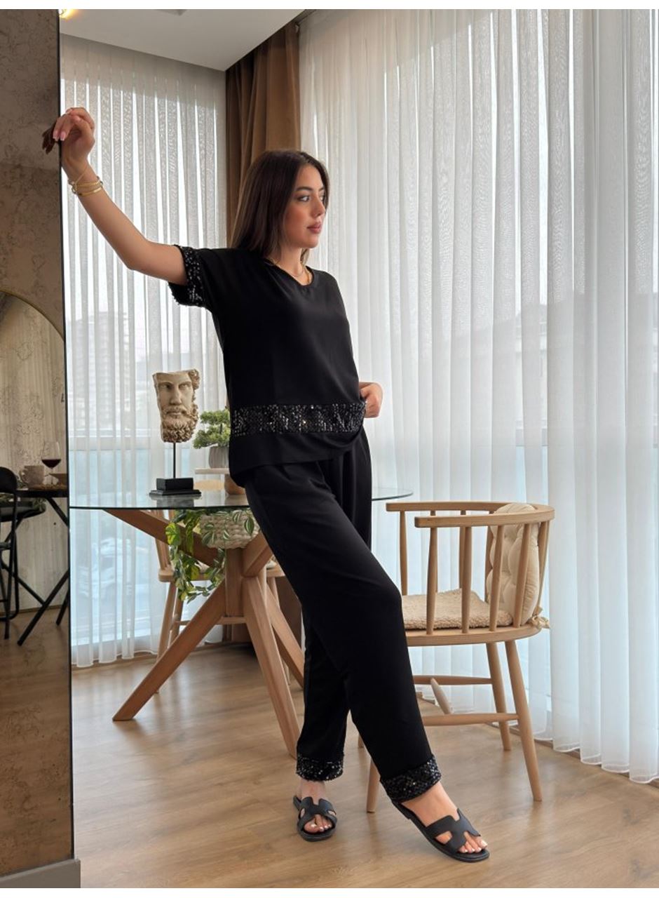 Kadın Kısa Kollu V Yakalı Pul Payetli Viskon Iki Iplik Bluz Ve Pantolon Ikili Takım