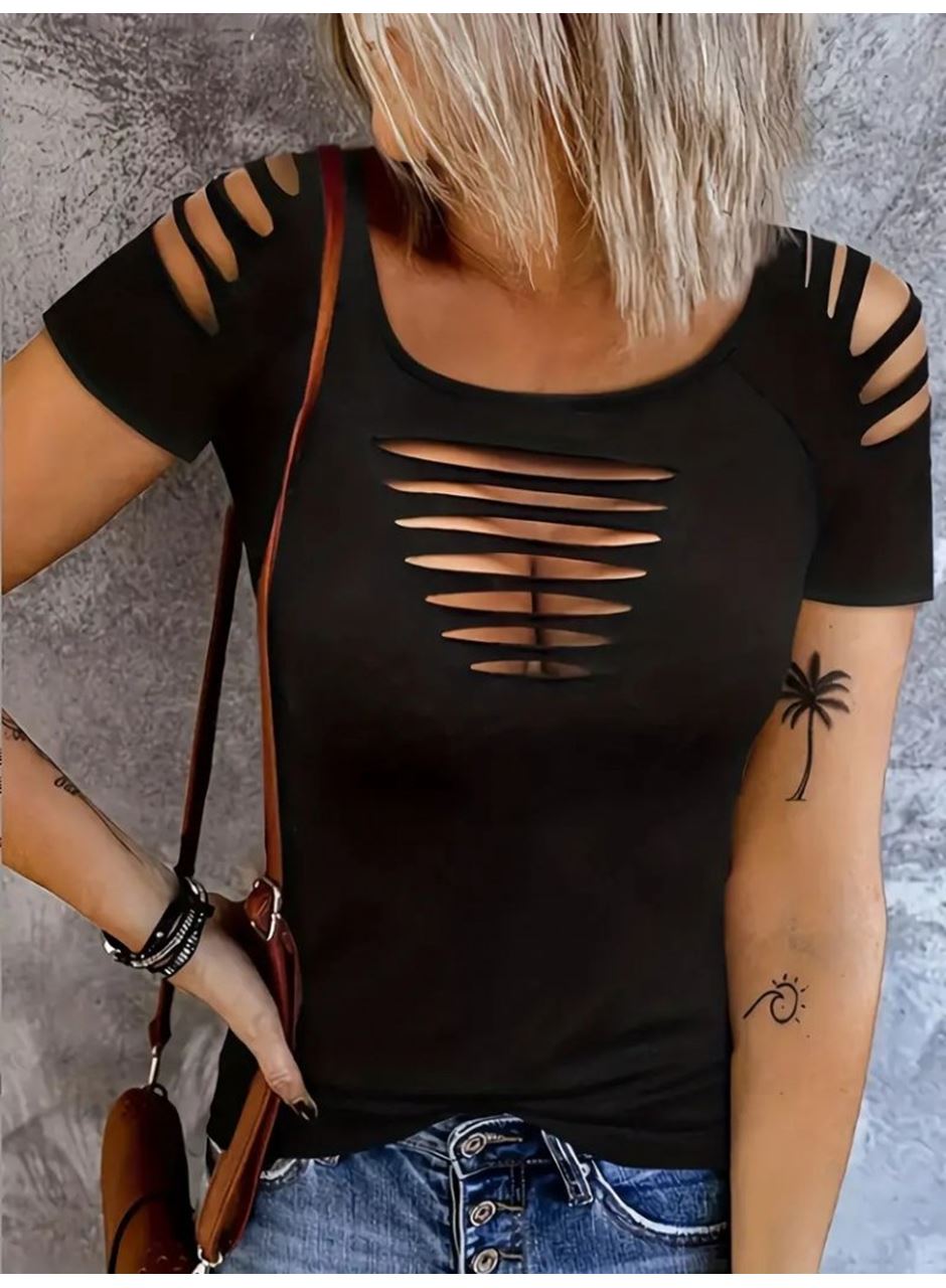 Kadın Kısa Kollu Omuz Ve Göğüs Lazer Kesik Detay Viskon Bluz
