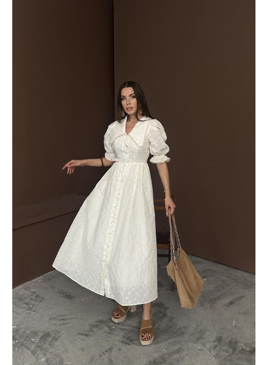 Bej Bebe Yaka Balon Kollu Brode Elbise