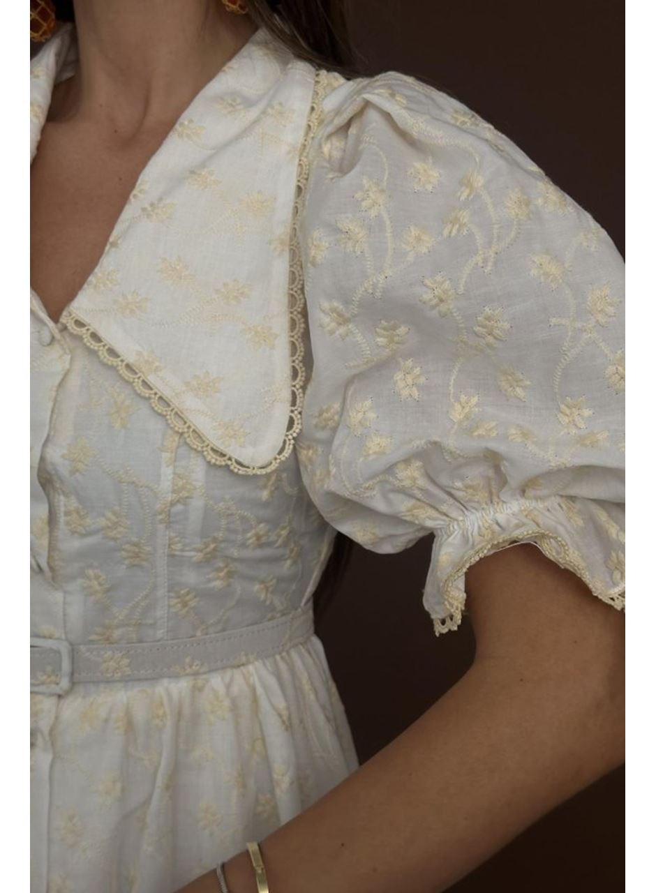 Bej Bebe Yaka Balon Kollu Brode Elbise