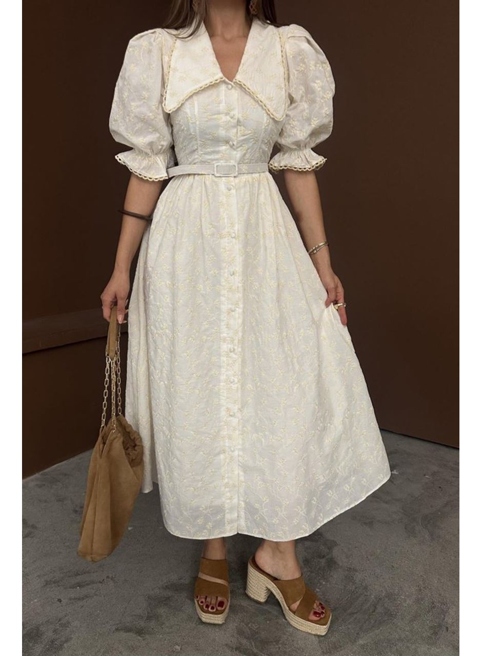 Bej Bebe Yaka Balon Kollu Brode Elbise