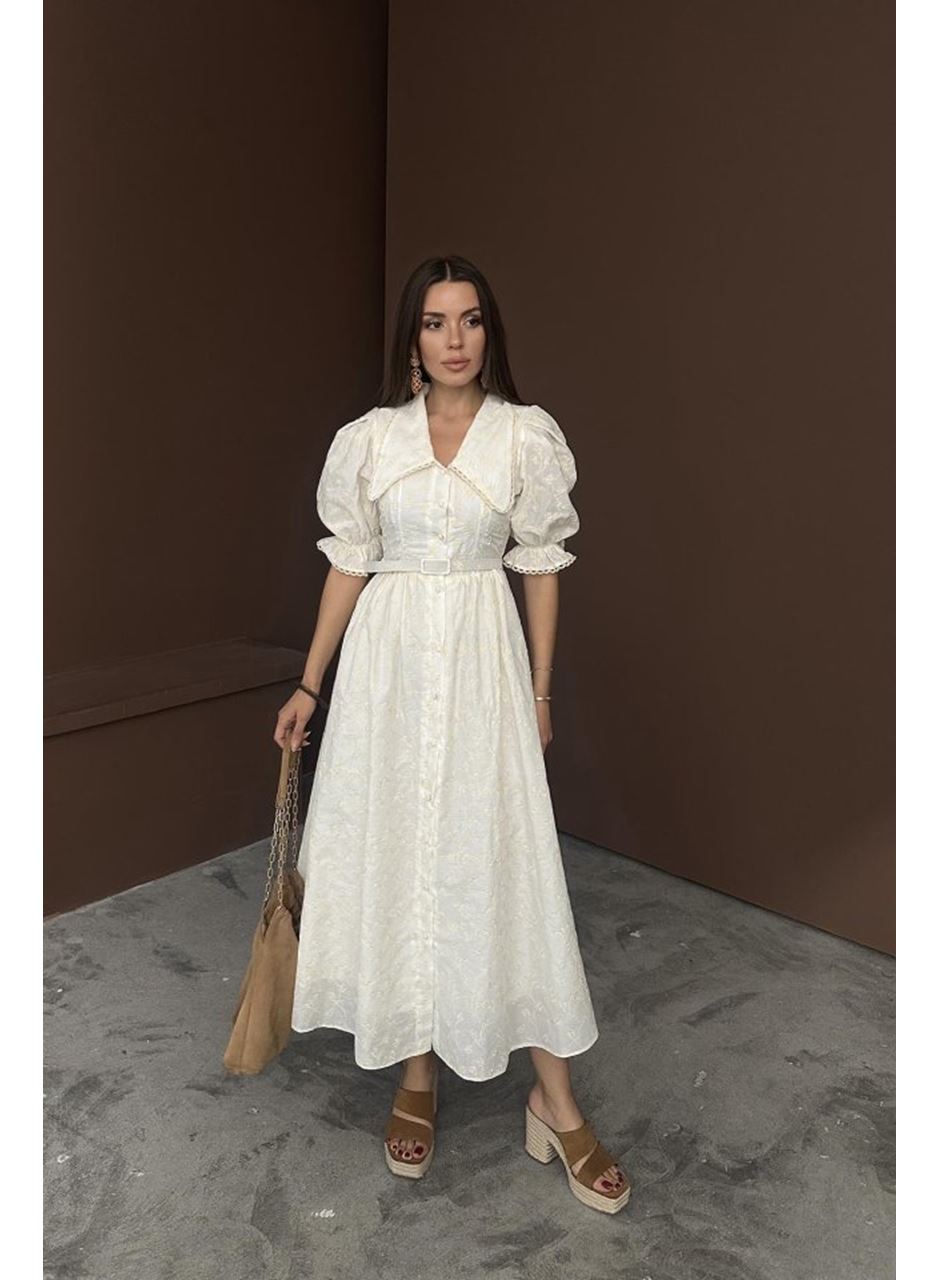 Bej Bebe Yaka Balon Kollu Brode Elbise